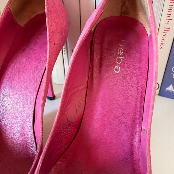 Barbie HOT PINK suede BeBe pumps heels shoes silver buckle round toe Y2K US W 9 - Picture 3 of 13